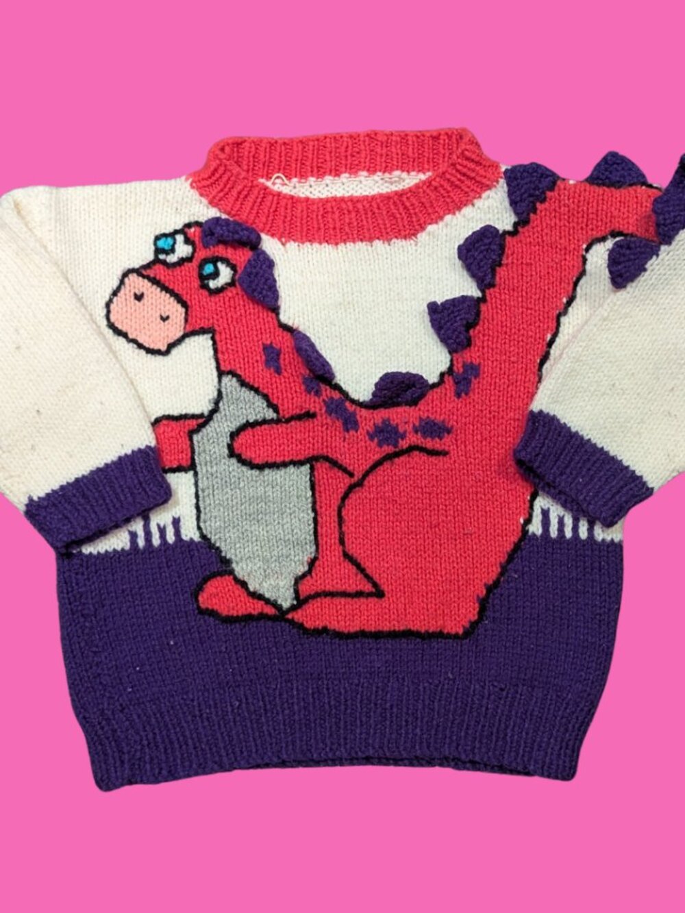 Vintage 1990's, Handmade, Children's Pink Dinosaur Pattern Knitted Sweater